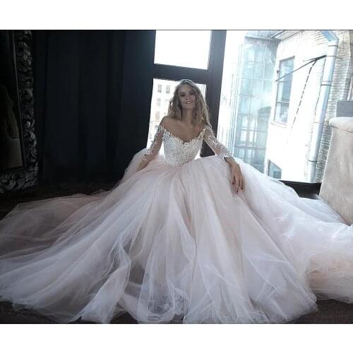 Fashion Long Sleeve Appliques Tulle Wedding Dresses Court Train Bridal Gowns Custom Made Vestidos De Noiva