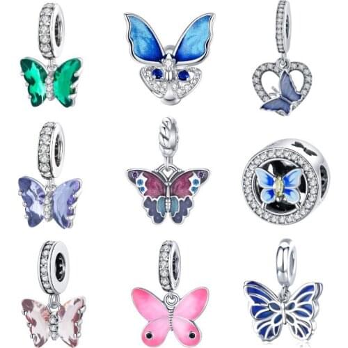 BISAER Garden Butterfly Series 925 Sterling Silver Colorlful Butterfly Charms Animal Pendant For Bracelet DIY Jewelry EFC423