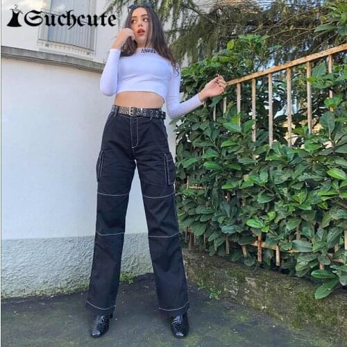 SUCHCUTE High Waist Casual Cargo Pants For Women 2021 Streetwear Punk Patchwork Wide Leg Pants Gothic Pockets Denim Trousers