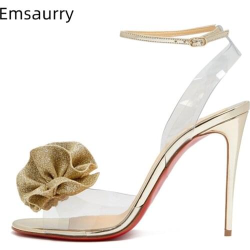 2020 Chic Summer Transparent PVC Sandals Women 10cm Thin Heel Sexy Open Toes Pleated Sequins Flower Gladiator Shoes Woman