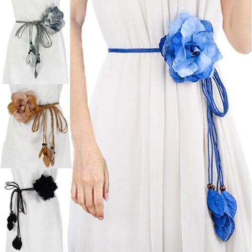 Chiffon Big Flower Ladies Belt Casual Wild Sweet Tassel Braid Decoration Handmade Knotted Waist Womens Dress Thin Belt
