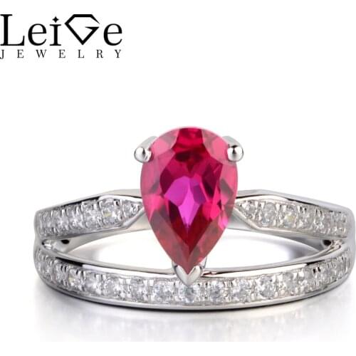 Leige Jewelry Pear Cut Lab Ruby Ring Sterling Silver 925 Fine Jewelry Wedding Engagement Rings For Women July Birthstone