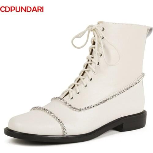 Black White Genuine Leather String Bead Low Heels Ankle Boots For Women Lace Up Short Boots Shoes Botines Mujer Bottine Femme
