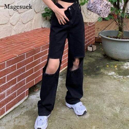 Women Wide Leg Pants Streetwear Black Hole Denim Jeans Straight High Waist Autumn New Fashion Jeans Casual Boyfriend Pants 16565
