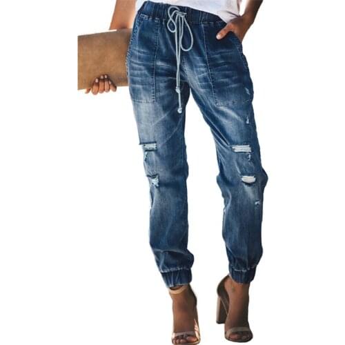Out Of Street Women Casual Ripped Drawstring Jeans Autumn Hole Hollow Pencil Denim Pants Fashion Trousers Distressed Jeans