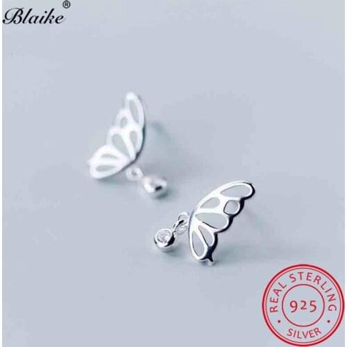 S925 Sterling Silver Cute Butterfly Stud Earrings For Women Blue Crystal White Zircon Small Double Earrings Wedding Fine Jewelry