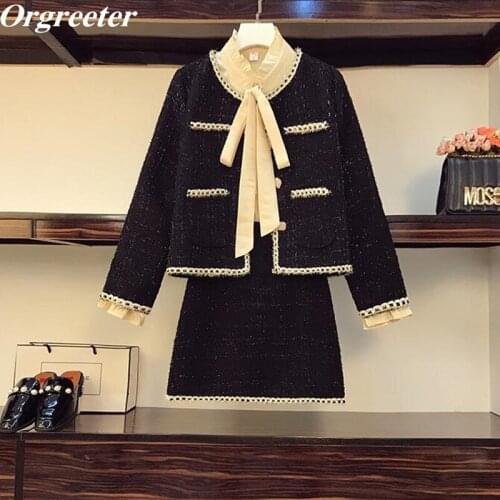 Korean Fashion Elegant Woolen 2 piece set Women Winter New Single -breasted Weave Jacket +Woolen A-line Skirt Black Tweed Suits
