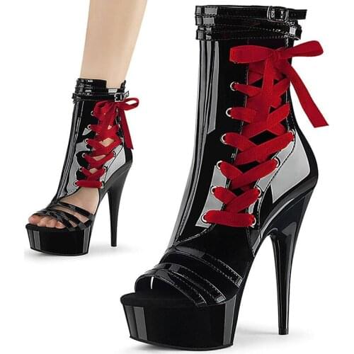 15CM High Stripper Heels Platform Peep Toe Pumps Pole Dance Shoes Sexy Fetish Party Lace Up Ankle Women Boots Nightclub Model