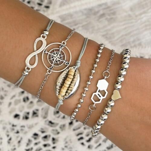 6 Pcs/ Set Boho Compass Digital Shell Heart Beads Chain Multilayer Bracelet Women Charm Party Bracelet Set Combination