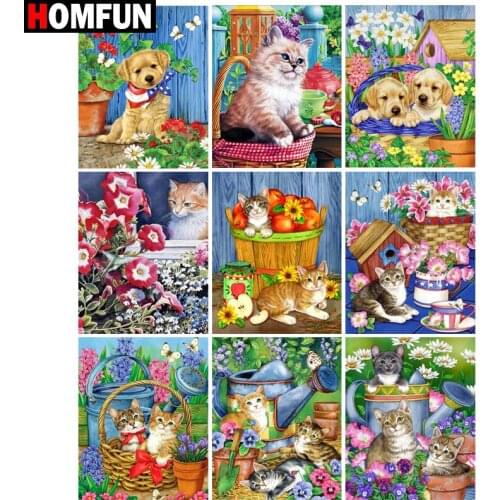 HOMFUN Diamond painting "Flower cat and dog" Full Square/Round Drill Wall Decor Inlaid Resin Embroidery Craft Cross stitch