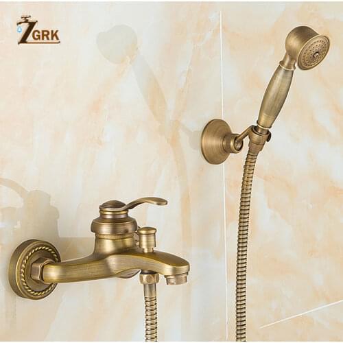 ZGRK Antique Brushed Brass Bath Faucets Shower Wall Mounted Bathroom Mixer Tap Crane With Hand Shower Head Bath Shower Faucet