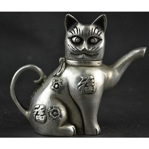 B0602 426Chinese Collectible Decorate Handwork Old Tibet silver carving cat Lucky tea pot statue