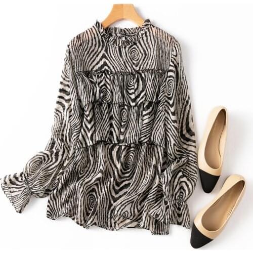 Womens 100% Mulbery Silk thin type ruffles neck zebra printed long sleeve Shirt Top Blouse office work L XL M144