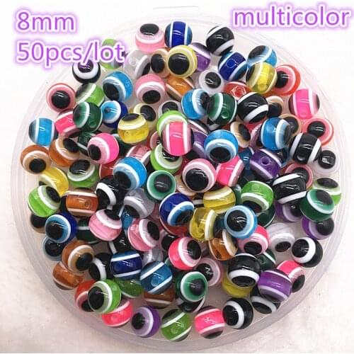 50pcs 6mm 8mm 8x10mm New Jewelry Multicolour Resin Spacer Beads Ball Mixed Evil Eye Pattern Beads for Jewelry Making Bracelet