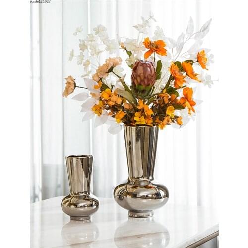 European Style Ceramic Vase Silver Brushed Flower Arrangement Container Home Living Room Countertop Flower Vase Home Decoration