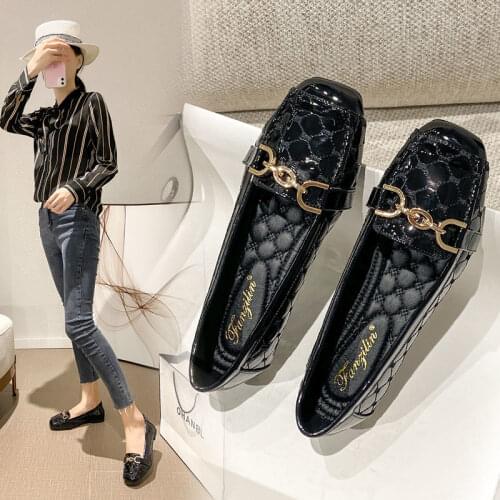 Classic Shallow Square Toe Flats Casual Shoes Women Metal Letters Slip Square Toe Comfort Shoes Black For Lady Flat Shoes