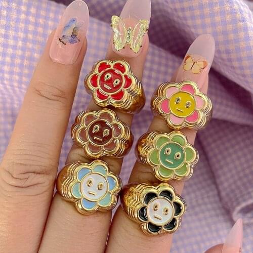 Korean Cute Enamel Flower Finger Rings for Women Creative Colorful Round Smile Face Geometric Rings Fashion Jewelry Party Gift