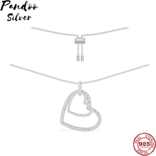 High Quality S925 Sterling Silver Jewelry 1:1 Copy,Silver Double Heart Adjustable Necklace,Necklace Gift For Girlfriend