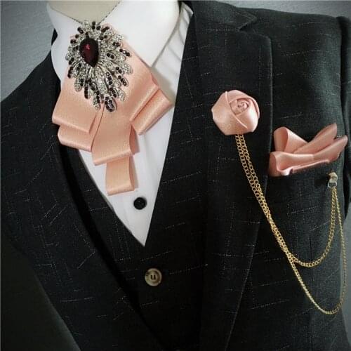 Korean Bow Tie Set High-end Luxury Mens Wedding Banquet Suit Shirt Jewelry Pocket Towel Brooch Rhinestone Bowtie Three-piece