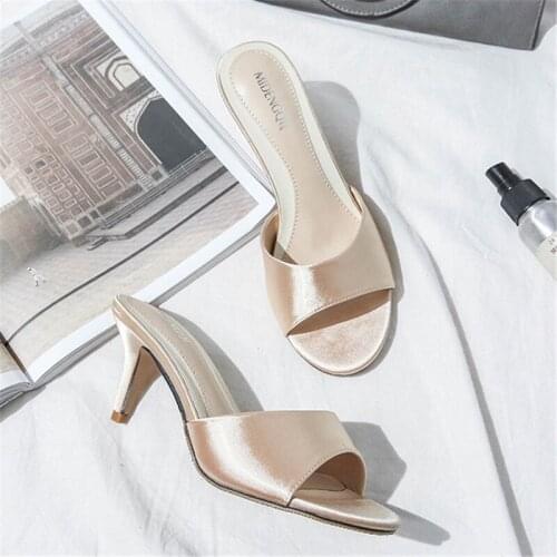 Satin Size 34-43 High Heel Slide Sandals Summer Peep Toe Women Slippers Fashion 4.5/6.5/8.5cm High-Heeled Flip Flops Women Shoes