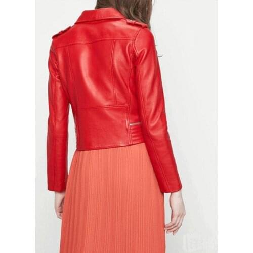 Fashion Short Leather Jacket Women Casual Sheepskin Real Leather Jacket Slim Fit Lapel Collar Zipper Outwear Coat Tops Clothes