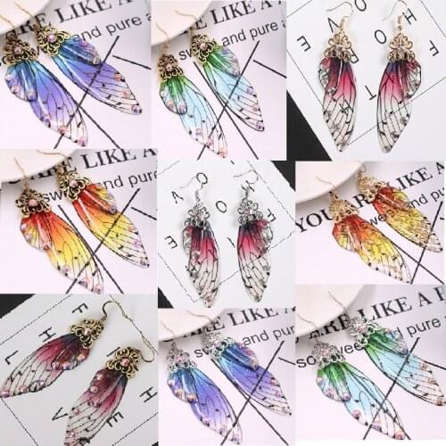Fashion Butterfly Wings Drop Earrings Gradient Color Fairy Cicada Wings Earrings Rhinestone Insect Earrings Vintage Jewelry