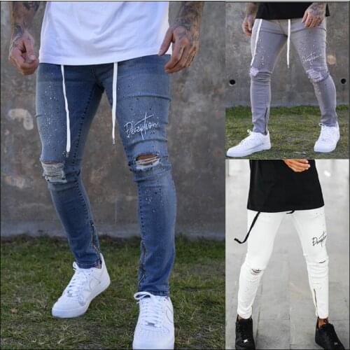 Men casual jeans fashion washed distressed holes stretch slim sports jeans male embroidery pencil pants
