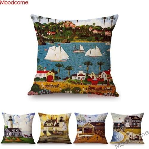 American Dreamland Town View Cartoon Art Home Decoration Sofa Pillow Cover Cozy Quiet Peaceful Countryside View Cushion Cover