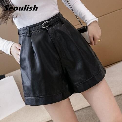 Seoulish 2021 New Winter PU Leather Womens Shorts With Belted Fashionable High Waist Pockets Casual Wide Legged Trousers Female