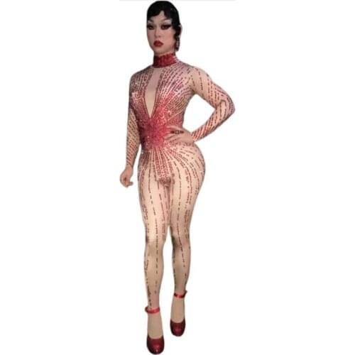 2020 Womens NEW Performing Guests Red Inlaid Red Diamond Sexy tight-fitting Pants Party Female Costume Party Celebration