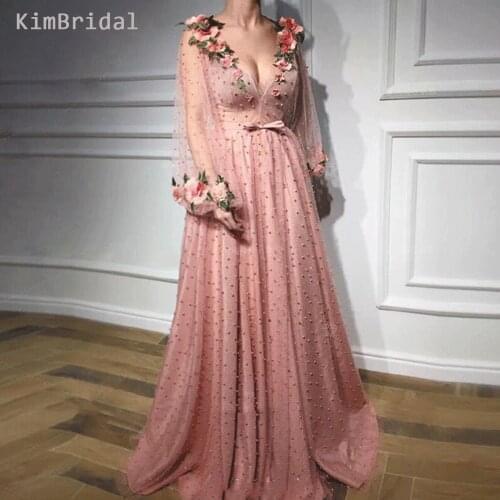 Deep V Neck Prom Dresses Beaded Long Sleeve Embroidery Applique Prom Gown 2019 A Line Elegant Arabic Evening Gowns