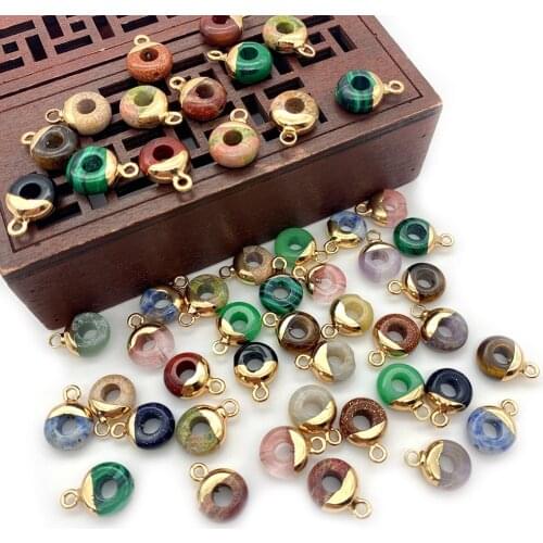 Natural Stone Pendant Faceted Circle Colored Plating Process Green Aventurine Jinsha Stone Powder Crystal DIY Jewelry Making3pcs