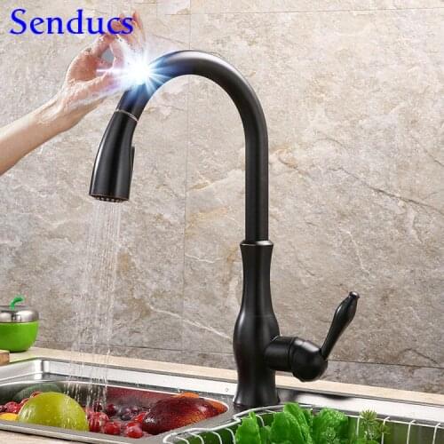 Smart Touch Kitchen Faucet Senducs Black Pull Out Kitchen Mixer Tap Intelligent Sensor Kitchen Faucet Quality Brass Black Faucet
