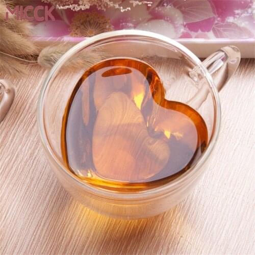 MICCK Romantic love cup Glass Coffee Mug Reusable Tea Milk Bar Cocktail Glass Double Layer Love Type Insulated Drinking Cup