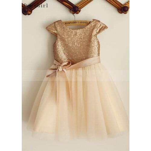 Champagne Sequins Tulle Knee Length Flower Girl Dress Cap Sleeve Kid Cloth Baby Girl Birthday Dress with Ribbon