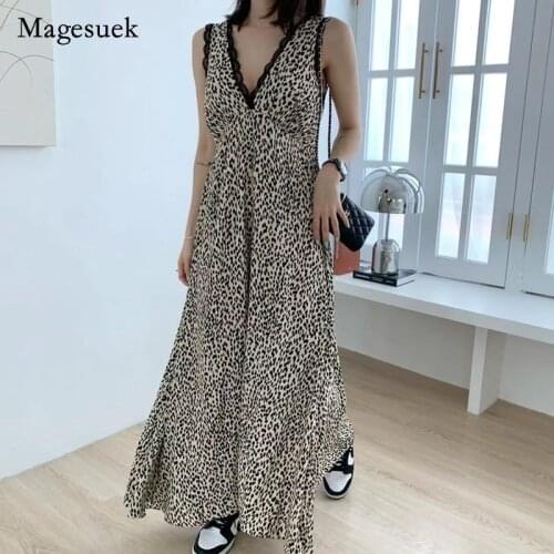 Vintage 2021 Summer Backless Chiffon Dress Lace V-neck Leopard Long Dress Elegant Loose Maxi Sleeveless Vest Dress Vestido 15209