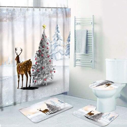 3D Deer With Christmas Tree Polyester Shower Curtains Non-Slip Rug Toilet Cover Bath Mats Set Holiday Decoration Bathroom Decor