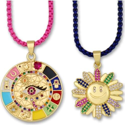 Gold Filled Sunflower Smile Pendant Long Necklace for Woman Exquisite Jewelry Colorful Turkish Lucky Evil Eye Necklace