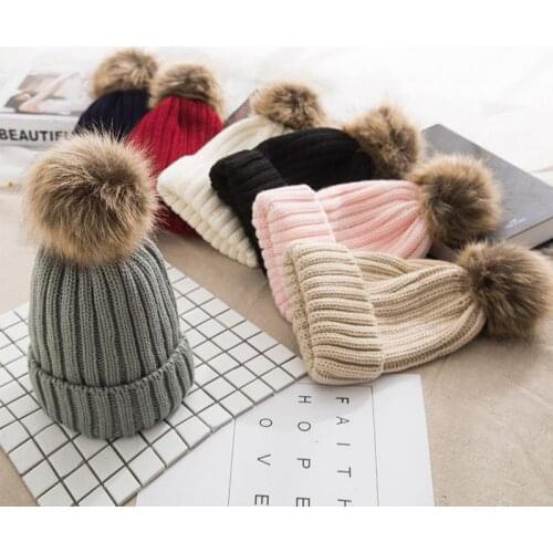 Winter Knitted Ribbed Beanie Hat with Faux Fur For Women Pompom Hat Warm Chunky Thick Stretchy Hat Skull Cap Cuff Beanie