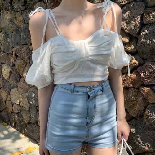 Blouse Women Solid Summer Hot Sexy Ladies Tops Elegant Fashion Casual Folds Harajuku Retro Chic Preppy Style Soft All-match Ins