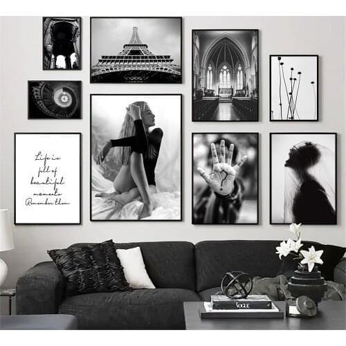 Black And White Church Tower Building Canvas Print Fashion Woman Wall Art Poster Painting Modern Wall Pictures Living Room Decor