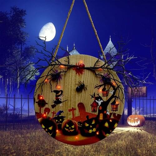Halloween Decoration Wooden Door Plate With Light For Party Holiday Door Hanging Ghost Castle Witch Home Wall Decor 2021 New