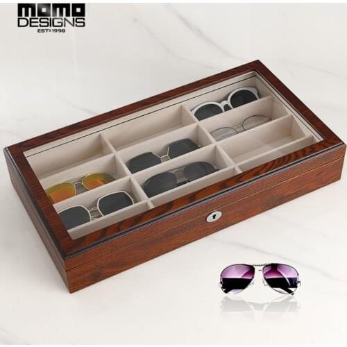 Wooden Glasses Box 12 Sunglasses storage box with Natural wood grain and Glass top window Spectacle case