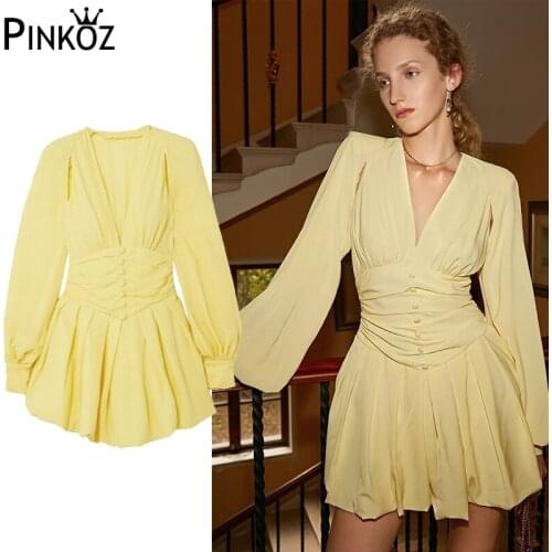 Pinkoz designer women mini dresses hollow out lantern sleeve buttons ruvhed A-line high waist V-neck dresses party vestidos traf