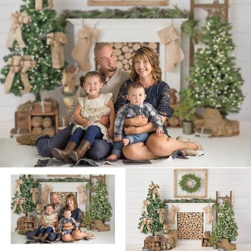 Photography Background Christmas Tree White Wood Wall Fireplace Gift Deer Home Decoration Christmas Backdrops for Photo Studio