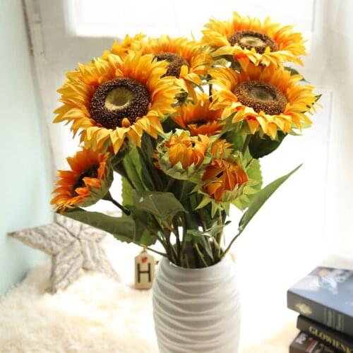 1Pcs 3 Heads Artificial Silk Sunflower Artificial Flower Home Garden Fence Decoration Fake Flower Vivid Big Sunflower