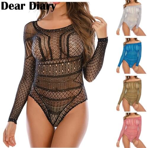 Women Sexy Drilling Net Dress Fashion Erotic Long Sleeve Jumpsuit Lace Embroidery Perspective Lingerie Underwear Dropshipping