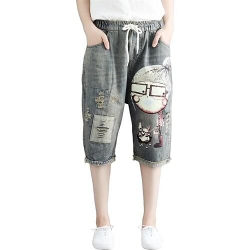 Summer Thin Capris Jeans Woman Holes Ripped Ladies Vacation Beach Shorts Denim Pants Plus Size Knee Length Jeans Mujer