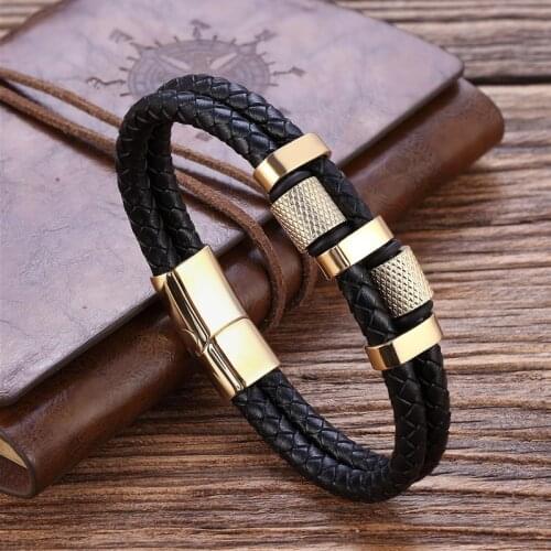 Gold Irregular Pattern Shape Mens Fashion Stainless Steel Leather Bracelet 3 Colors Classic For Handsome Boys Birthday Gift