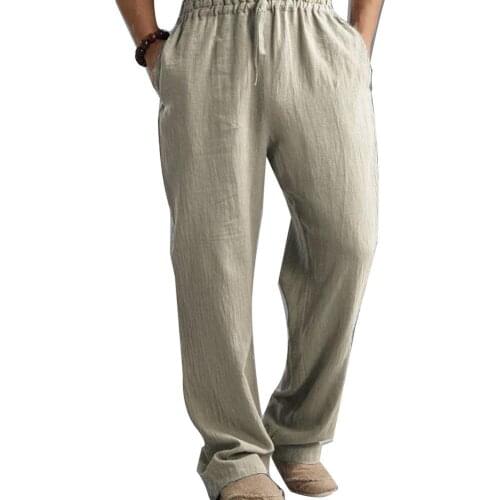 Casual Pants Men Plus Size Men Cotton Linen Long Pants Elastic Waist Loose Straight Trousers Mens Clothing 2021